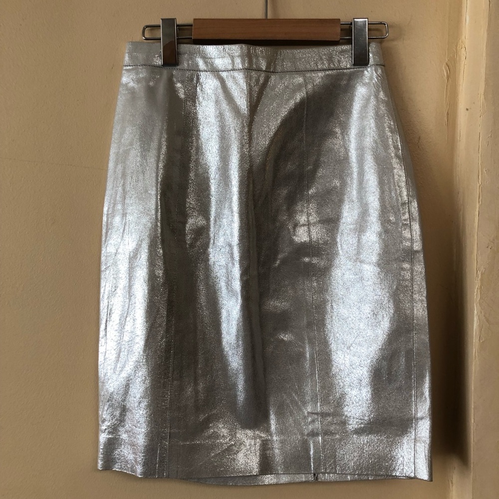 CLUB MONACO Leather Metallic Silver High Waist Pencil Skirt, 26W